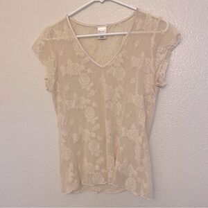 Old Navy vintage Y2K ivory lace stretch sheer v neck top fairy festival tee L